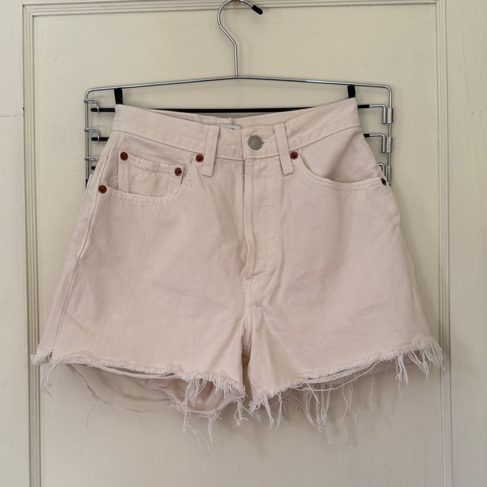 Re/Done Cream Frayed Jean Shorts 26 Waist